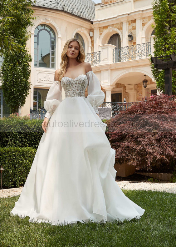 Beaded Ivory Lace Organza Pickup Wedding Dress With Detachable Sleeves